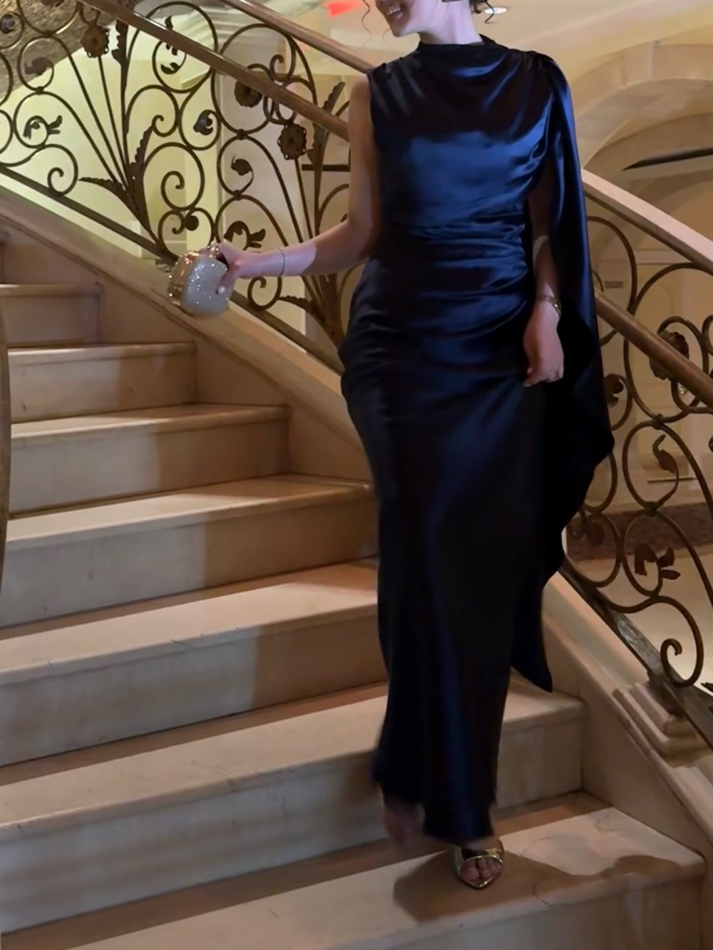 Elegant Navy Blue Satin Evening Gown - Women Dresses
